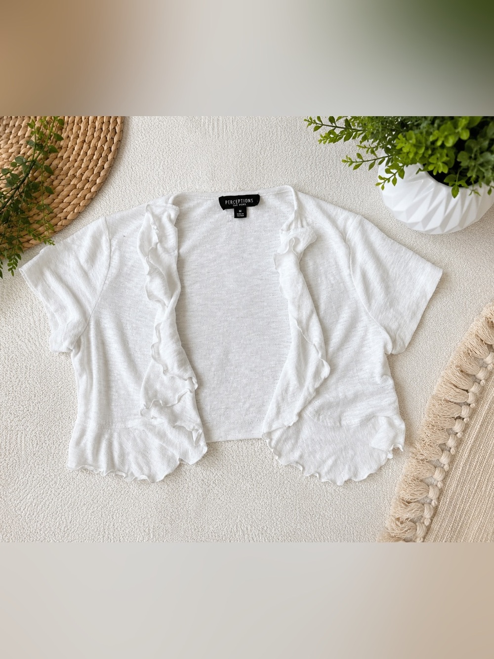 Perceptions White Ruffle-Trim Cropped Open-Front Cardigan